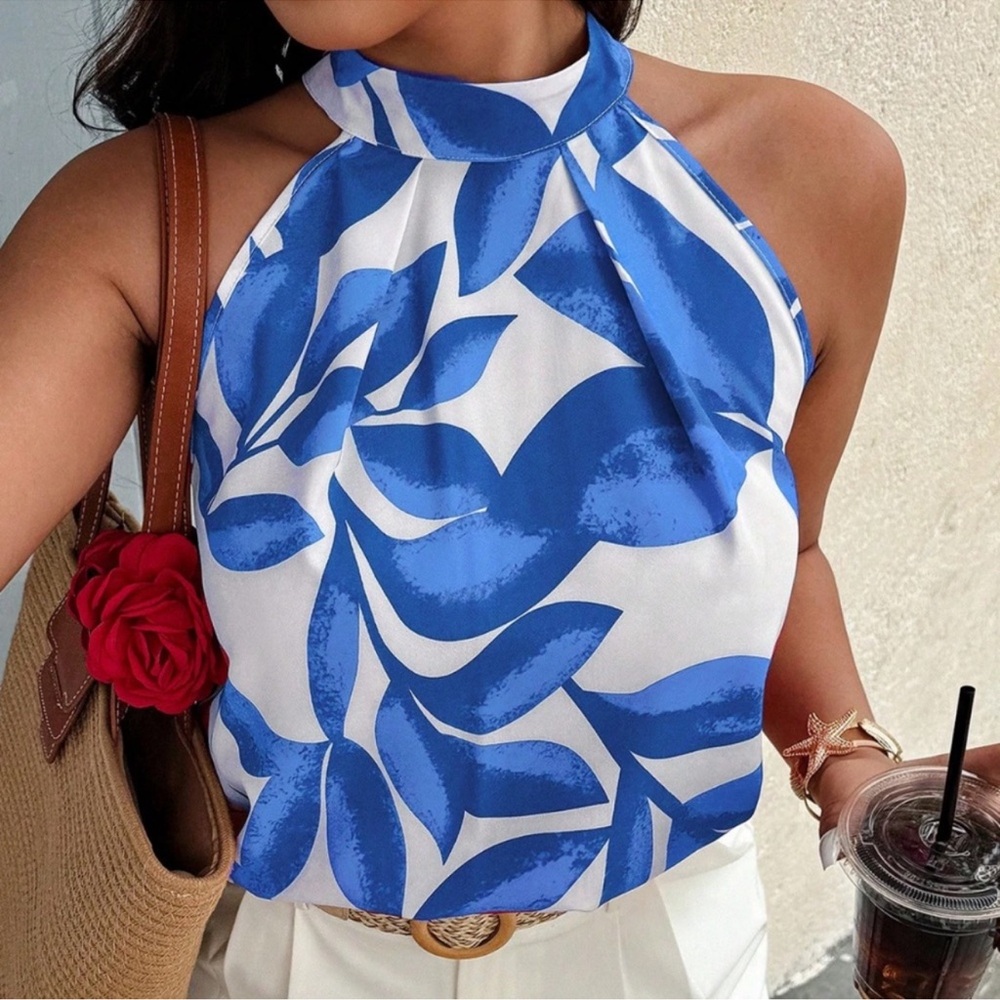 Plus Floral Print Halter Neck Vibrant Tank Top 1X 2X 3X 4X